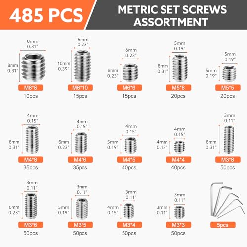 Hapric 485 Pcs 304 Stainless Steel Set Screws 14 Size Set Screw Assortment Kit M3/M4/M5/M6/M8 Head Socket Hex Metric Cup-Point Screws - color: Silver-Metric-485 Pcs