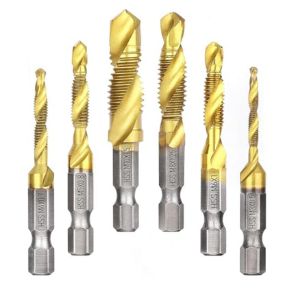 Metric Drill Tap Set, 6-Piece Titanium HSS Hex Shank Bits