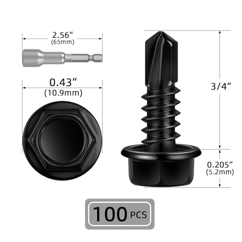 100 PCS #12 x 3/4" Sheet Metal Screws, Black Hex Washer Head Self Drilling Screw, Flanged Self Tapping Screws, 410 Stainless Steel - size: #12 x 3/4"