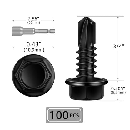 100 PCS #12 x 3/4" Sheet Metal Screws, Black Hex Washer Head Self Drilling Screw, Flanged Self Tapping Screws, 410 Stainless Steel - size: #12 x 3/4"