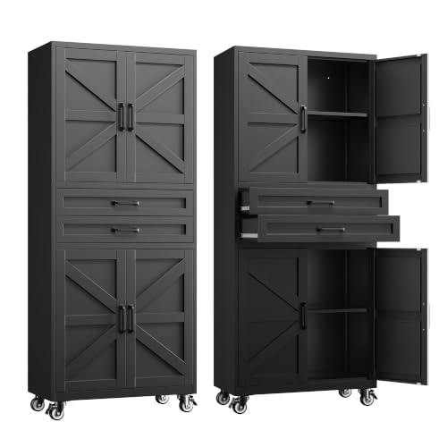 73" Tall Wheeled Garage Cabinet with 2 Drawer, Black Rolling Cabinets - color: Black, size: 73.2"H x 32"W x 16"D