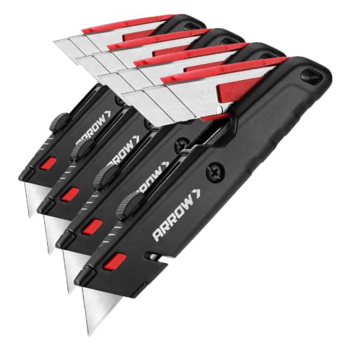 ARROW Retractable Box Cutter, Quick Change Utility Knife with Blade Storage Design, Heavy Duty Aluminum Razor Knife, Twine Cutter, 3 Extra SK2 Blades Included (Pack of 4) - size: 7" x 1.25" x 0.75" (Pack of 4)