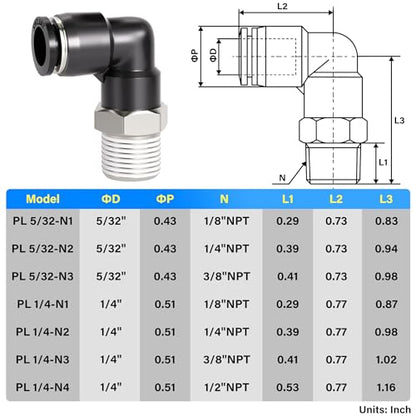 TAILONZ 5/32" x 1/8" NPT Push to Connect Straight & Elbow Fitting Kit 12Pcs - size: 5/32"OD x 1/8"NPT