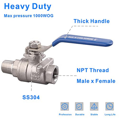DERNORD 2 Pack Full Port Ball Valve 3/8 Inch - Male x Female Stainless Steel 304 Heavy Duty for Water, Oil, and Gas, 1000WOG - size: 3/8 Inch NPT, style: Pack of 2