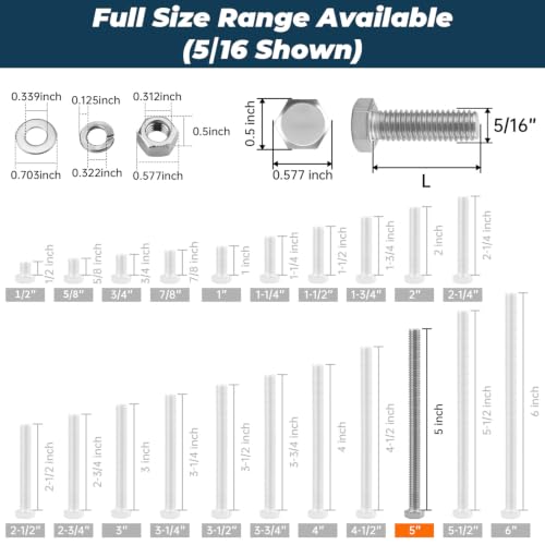 8 Sets Glvaner 5/16-18 x 5" Stainless Steel Hex Head Screws Bolts, Nuts, Flat & Lock Washers, 18-8 (304) Stainless Steel, Full Thread, Coarse Thread - size: 5/16-18 x 5"