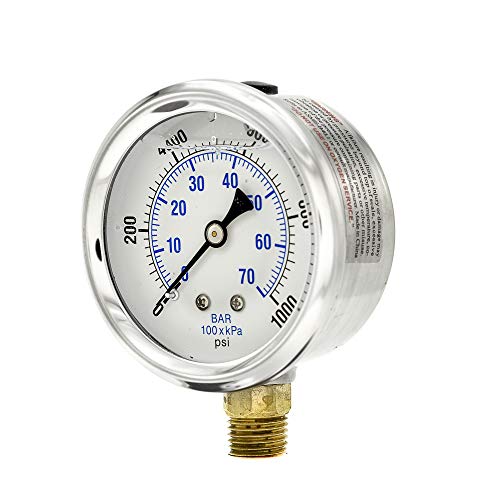 PIC Gauges PRO-201L-254M 0-1000 PSI Pressure Gauge, 2 1/2" Dial, 1/4" Male NPT Connection, Bottom Mount, Dual Scale, Glycerin Filled, Stainless Steel Case/Bezel, Brass Internals & Plastic Lens - style: 0-1000 PSI