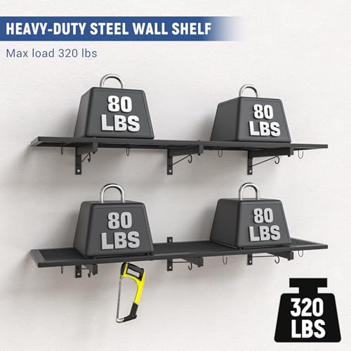 2 Pack Garage Wall Shelf, Heavy Duty Garage Shelving, 46"X 12.5" Wall Mounted Floating Shelves, Metal Hanging Storage Rack with 8 Hooks, Utility Organizer Max Load 320 LBS for Laundry Room, Workshop - size: B-2 PACK