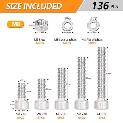 136 Pcs M8 Hex Socket Head Cap Screws Kit, M8-16/20/30/40/50mm Bolts - size: M8 - 16/20/30/40/50mm