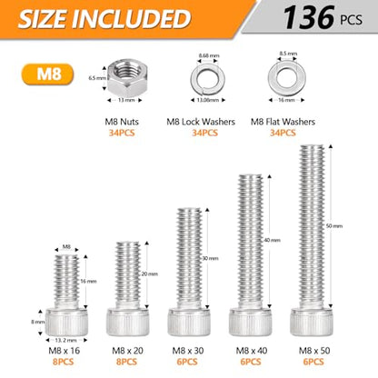 136 Pcs M8 Hex Socket Head Cap Screws Kit, M8-16/20/30/40/50mm Bolts - size: M8 - 16/20/30/40/50mm