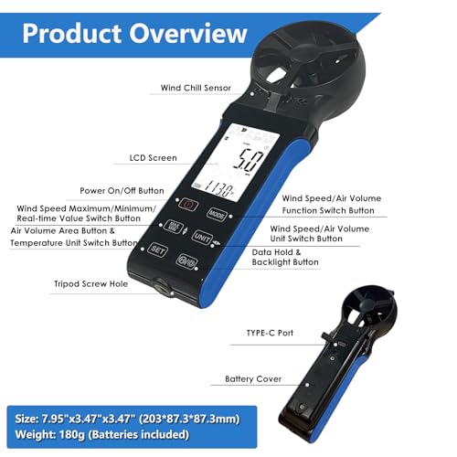 HoldPeak CFM Meter HVAC Anemometer with 270º Rotatable Detector, Handheld Wind Speed Meter Gauge with Touch Button, Waterproof Rechargeable Air Flow Velocity Measuring Device for HVAC Outdoor Sailing - color: 5000D-CFM Anemometer