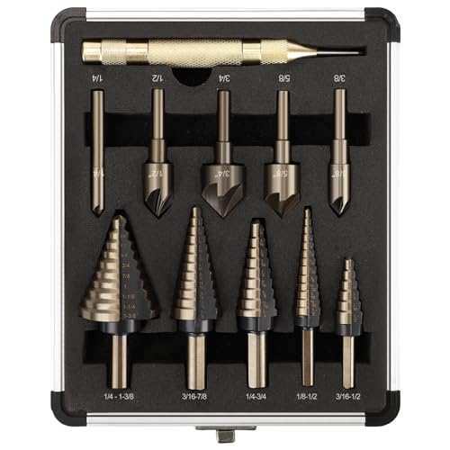 5 Pcs Step Drill Bit & 5 Pcs Countersink Drill Bit Set, Titanium High Speed Steel Step Drill Bit, 50 Sizes of Step Bits for Metal, HSS Step Bit with Aluminum Case for DIY, Multiple Hole Stepped Up Bit - style: 11PCS Step Drill Bits Set