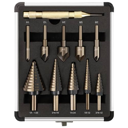 5 Pcs Step Drill Bit & 5 Pcs Countersink Drill Bit Set, Titanium High Speed Steel Step Drill Bit, 50 Sizes of Step Bits for Metal, HSS Step Bit with Aluminum Case for DIY, Multiple Hole Stepped Up Bit - style: 11PCS Step Drill Bits Set