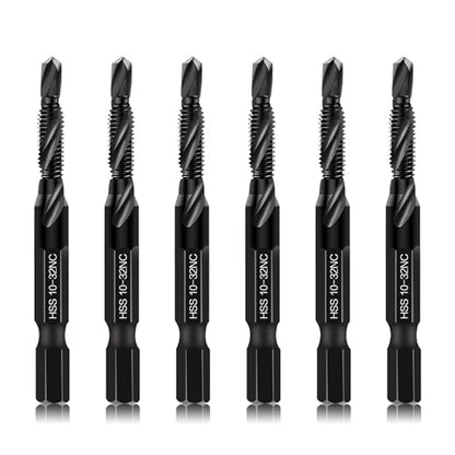 6-Piece 10-32NC Combination Drill Tap Countersink Bit Set SAE, Made of High-Speed Steel with Anti-Rust Blackened Coating, Ideal for Soft Metal, Wood & Plastic, 10-32NC Thread Size, 1/4” Hex Shank - size: 10-32NC