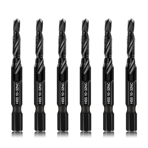 6-Piece 10-32NC Combination Drill Tap Countersink Bit Set SAE, Made of High-Speed Steel with Anti-Rust Blackened Coating, Ideal for Soft Metal, Wood & Plastic, 10-32NC Thread Size, 1/4” Hex Shank - size: 10-32NC