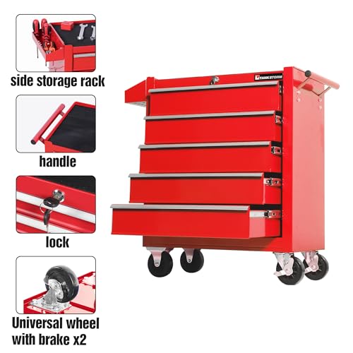 Tool Chest Heavy Duty Cart Steel Rolling Tool Box 5 Drawer Cart (TZ35 Red) - color: Red