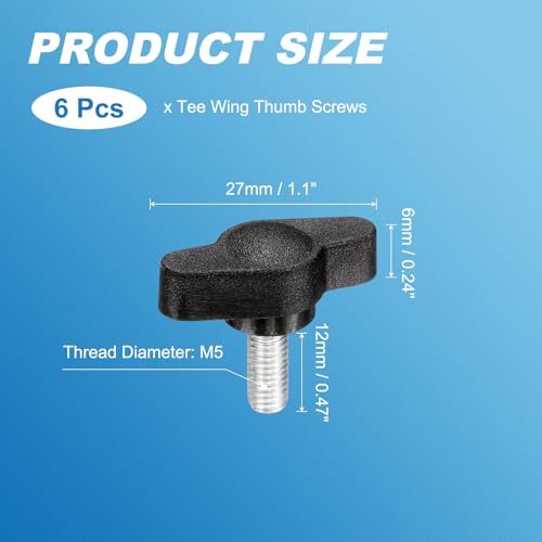PATIKIL M5 x 12mm Tee Wing Thumb Screws, 6Pcs Carbon Steel Mechanical Handle Bolt Thumb Screws for Remove Replace Hand Clamping Tightening Knobs Power Supply, Black - size: M5 x 12mm