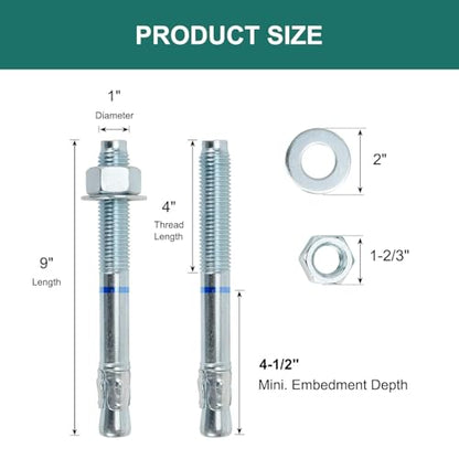 1" x 9" Concrete Anchors (10 Pack) 1 inch Wedge Anchors Bolts Zinc Plated - size: 1"x9"