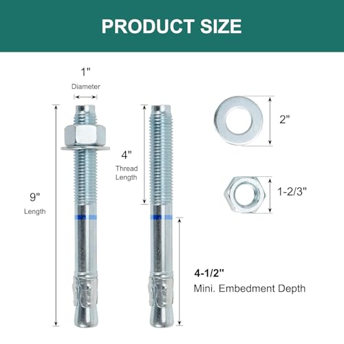 1" x 9" Concrete Anchors (10 Pack) 1 inch Wedge Anchors Bolts Zinc Plated - size: 1"x9"