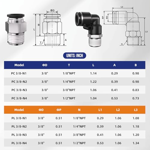 1/4 Push to Connect Fittings npt Thread to 3/8 Air Line quick - size: 3/8"OD x 1/4"NPT