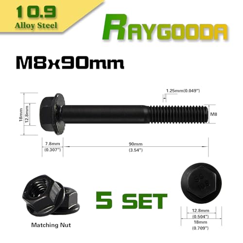 M8-1.25x90mm Flange Bolt and Nut Kit 5set- Grade 10.9 Alloy Steel, Black Zinc,Partially Thread, Serrated Self-Locking, Vibration Resistant for Automotive, Machinery & Heavy Duty - size: M8x90mm(5 Sets）