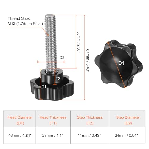 HARFINGTON 4pcs Star Knobs M12 x 60mm 304 Stainless Steel Threaded Stud 46mm Plastic 6-Star Head Hand Tightening Thumb Screw Clamping Jig Knob Handle, Black - size: M12 x 60mm x 46mm