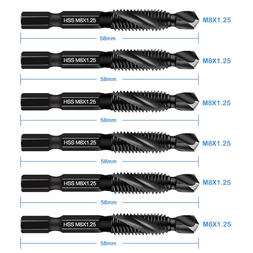 DKIBBITH 6 Packs M8 Drill & Tap Bit Set, Combination Screw Tapping Threading Tools in Size M8*1.25 with Anti-Rust Black Coating, 1/4" Hex Shank and Storage Case - size: M8x1.25