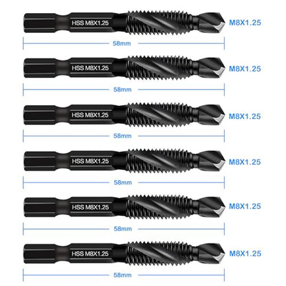DKIBBITH 6 Packs M8 Drill & Tap Bit Set, Combination Screw Tapping Threading Tools in Size M8*1.25 with Anti-Rust Black Coating, 1/4" Hex Shank and Storage Case - size: M8x1.25