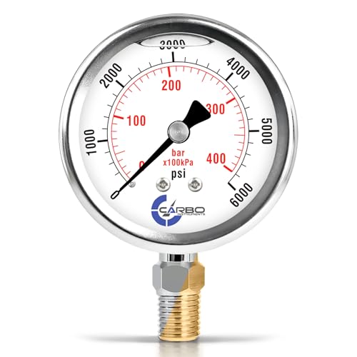 6000 PSI Glycerin Liquid Filled Pressure Gauge, 2.5" Dial, 1/4 NPT Lower Mount, 304 Stainless Steel Case, Brass Wetted Parts, Dual Scale PSI/Bar - ASME B40.1 Grade A - size: 0-6000 Psi, style: STANDARD