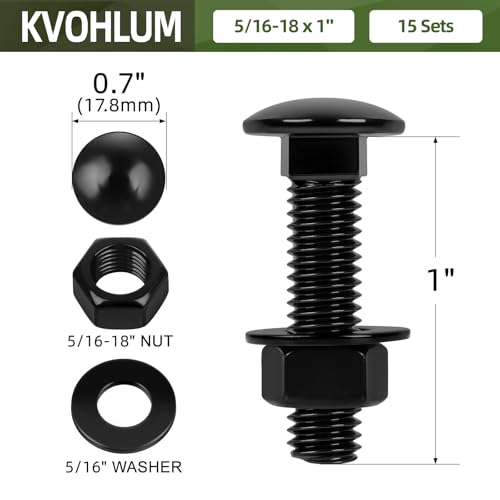 15 Sets 5/16-18 x 1" Carriage Bolt Kit, Round Head Square Neck, Black Carriage Bolts and Hex Nuts Set with Flat Washers - size: 5/16-18 x 1"