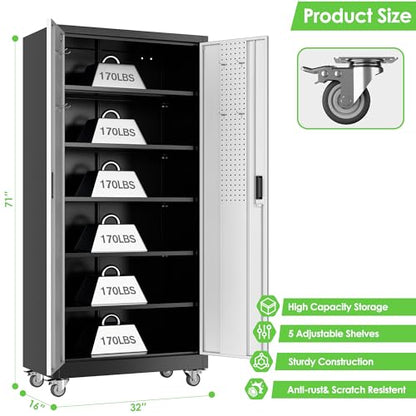 Reemoon Metal Garage Storage Cabinet with Wheels, Black and Silver - color: Black-silver, size: 16"D x 32"W x 71"H