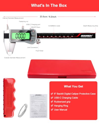 GODESON 6" USB-C Rechargeable Digital Caliper 0-150 mm - size: 6"-Plastic Shell