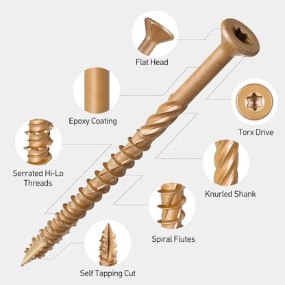 Deck Screws 126PCS, #8 Wood Screws Assortment Kit, Exterior Epoxy Coated Brown Finish,Star Drive (1-1/4",1-3/4",2",2-1/2"),T20 Star Bit - size: #8 Kit