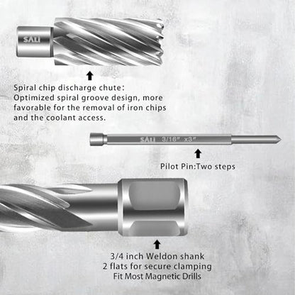 SALI Annular Cutter Diameter 7/16 Inch with Weldon Shank 3/4"(with 2 Flats) Cutting Depth 1" Mag Drill Bit for Magnetic Drill Press HSS Fully Ground Drill with One 3/16"*3" Pilot Pin - size: 7/16"*1"
