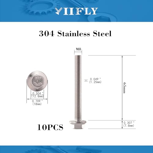 M8x1.25 x 65mm Flanged Hex Head Bolts, 304 Stainless Steel (A2-70), Bright Finish, Fully Threaded, Hexagon Head Flange Bolts, Quantity 10 - size: 65mm(10PCS)