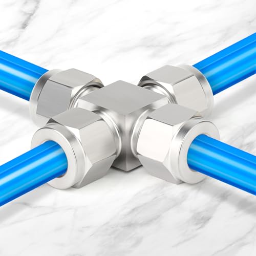 TAISHER 1PCS 304 Stainless Steel 4 Way Compression Tube Pipe Fitting Connector, 1/4" x 1/4" x 1/4" x 1/4" Tube OD Adapter