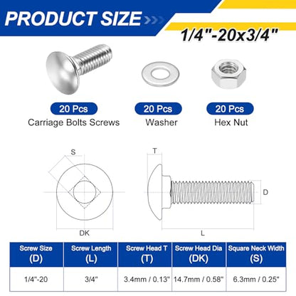 20Set 1/4"-20x3/4 Carriage Bolt with Hex Nut & Washer 304SS - color: Silver, size: 1/4"-20x3/4
