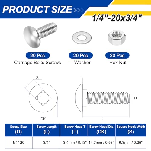 20Set 1/4"-20x3/4 Carriage Bolt with Hex Nut & Washer 304SS - color: Silver, size: 1/4"-20x3/4