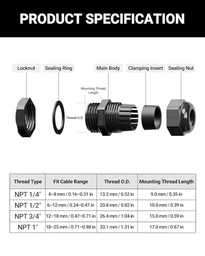 VCELINK Cable Gland Kit Nylon Waterproof, 50pcs IP68 Cord Grip Connectors - size: 50pcs KIT Adjustable 4-25mm