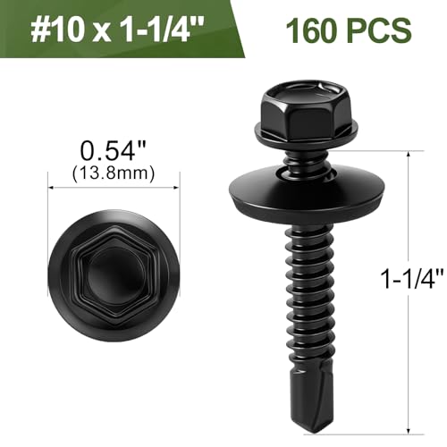 160 PCS #10 x 1-1/4" Black Self Drilling Metal Roofing Screws, Hex Head Self Tapping Sheet Metal Roof Screw with Rubber Washer for Wooden Siding - size: #10 x 1-1/4"