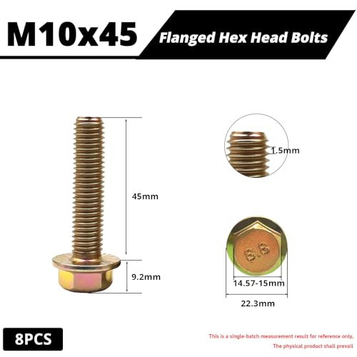 M10-1.5 x 45mm Flanged Hex Head Bolts, Flange Hexagon Head Screws, 8.8 Grade Alloy Steel, Yellow Zinc Plated, Fully Threaded Metric Screws, 8 Pack - size: M10x45mm (8PCS)