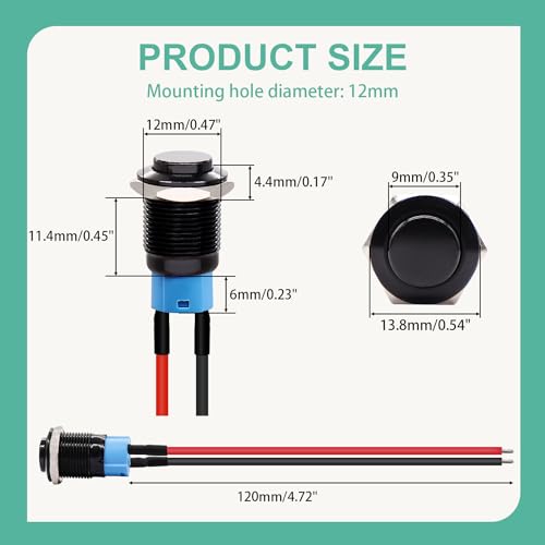 Twidec/5PCS 12mm Latching Push Button Switch ON Off Mini Round Waterproof Black Shell 12V 24V 36V 110V 250V 2A Raised Head with Pre-soldered Wires L-12-BK-G-X - color: Black-12mm-metal shell, size: Latching