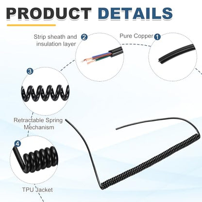 MECCANIXITY 5ft 24AWG Retractable Coiled Coil Cord 300V 105℃ 3 Conductor - size: 5ft x 24AWG, 3 Conductor
