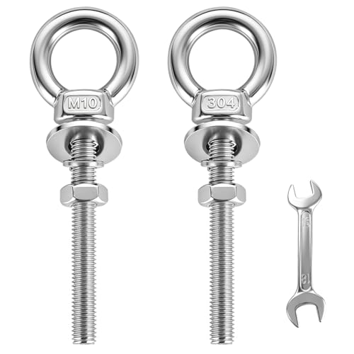 304 Stainless Steel Eye Bolt, M10x77mm (3/8"x3") Heavy Duty Eye Bolts with Nuts Washers, 2 Pack Lifting Ring Eye Bolt for Hanging String Lights Outdoor Tie Down - size: M10x77mm(3/8"x3")