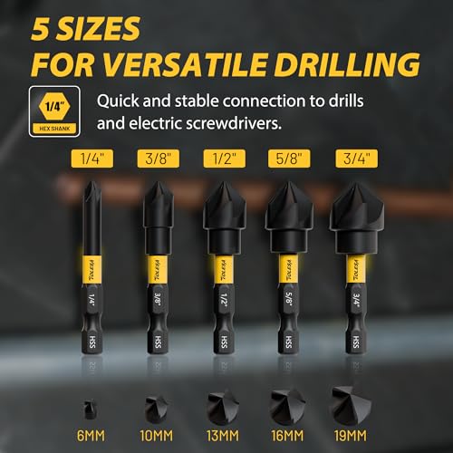TOLESA 5PCS Countersink Drill Bit Set with 82 Degree 5 Flutes Design, Nitride Coating HSS 1/4" Hex Shank Counter Sink Drill Bit for Wood, Metal, Plastic in Size 1/4” 3/8” 1/2” 5/8” 3/4”