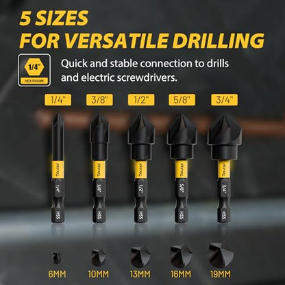 TOLESA 5PCS Countersink Drill Bit Set with 82 Degree 5 Flutes Design, Nitride Coating HSS 1/4" Hex Shank Counter Sink Drill Bit for Wood, Metal, Plastic in Size 1/4” 3/8” 1/2” 5/8” 3/4”
