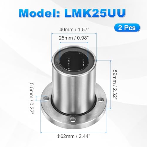PATIKIL LMK25UU Linear Ball Bearings 25mm Bore Dia 40mm OD 59mm Long 5.5mm Hole, 2Pcs Round Flange Linear Motion Bushing Double Side Rubber Sealed Rod Liner Shaft for Machine 3D Printer - size: 25mm