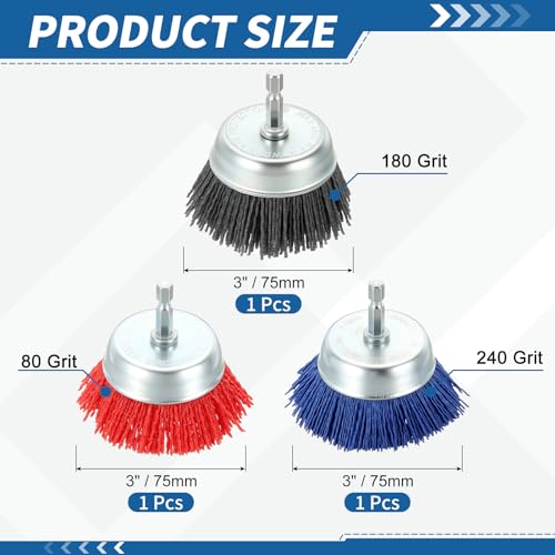 3Pack Wire Brush for Drill Set with 1/4" Hex Shank, 80-240 Grit