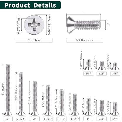 1/4-20 x 1/2" Flat Countersunk Head Machine Screws, Phillips Drive, 304 Stainless Steel 18-8, Full Thread, Coarse Thread UNC, 50 PCS - size: 1/4-20 x 1/2"