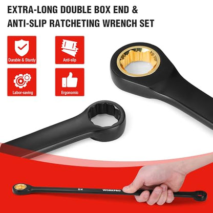 WORKPRO Extra Long Ratcheting Wrench Set, 9-Piece Anti-Slip Double Box End Wrench Set, SAE 5/16-3/4 in, 72-Tooth, Cr-V Steel and Black Electrophoretic Coating Wrenches with Rolling Pouch - size: SAE