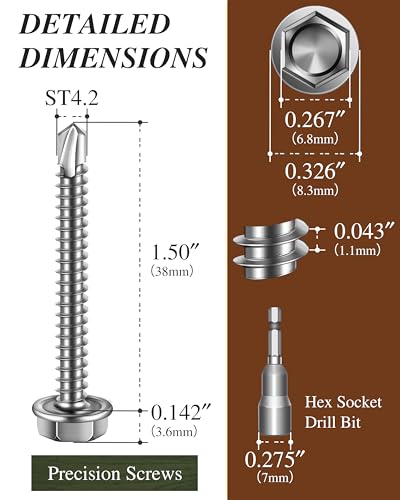 100PCS #8 x 1-1/2" Self Drilling Screws, Self Tapping Screws for Metal, 410 Stainless Steel Hex Washer Head Sheet Metal Screw, Bright Finish with 7mm Hex Socket - color: Silver, size: #8 x 1-1/2"